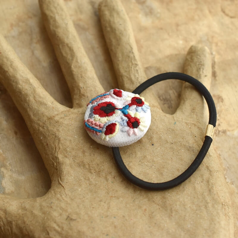 ピンク色ハンガリー実と花くるみボタン刺繍ブローチ/29