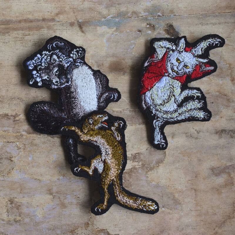 妖怪の猫マタ･化け狸･鎌鼬3点セット刺繍ブローチ加工イメージ